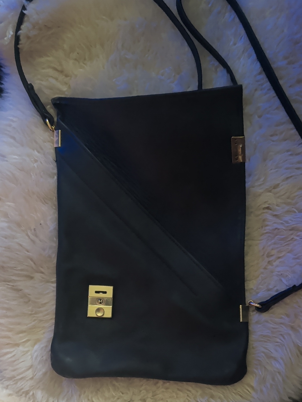 Black Leather Asymmetrical Crossbody Bag